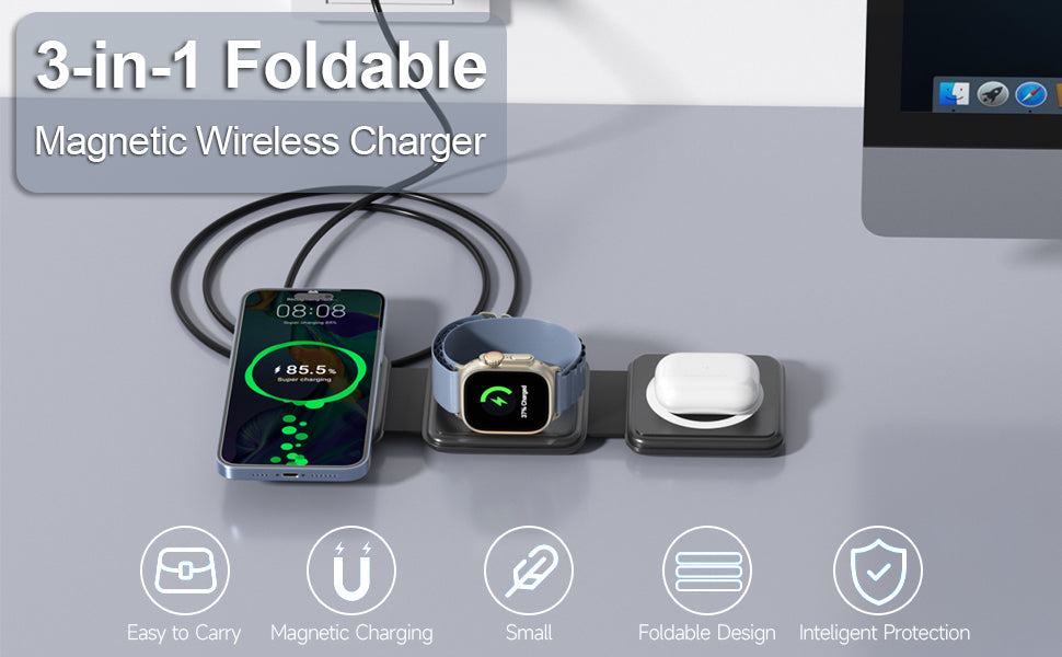 3 in 1 Charging Station for Apple Devices Foldable Charger for iPhone Wireless Charger for Multiple Devices Travel Charging Pad for iPhone 16 15 14 13 12 Pro Max Plus Apple Watch (Black)